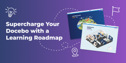 A blog thumbnail graphic showing two learning roadmaps built in Docebo, a lightbulb, and a flag, illustrating a strategic learning roadmap for Docebo.