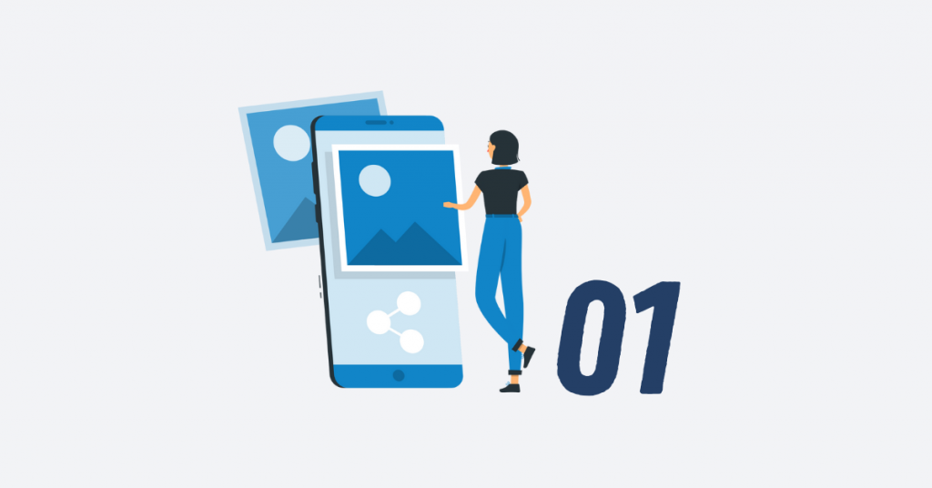 Illustration of a person looking at images on a phone marked with the number 01 representing branding