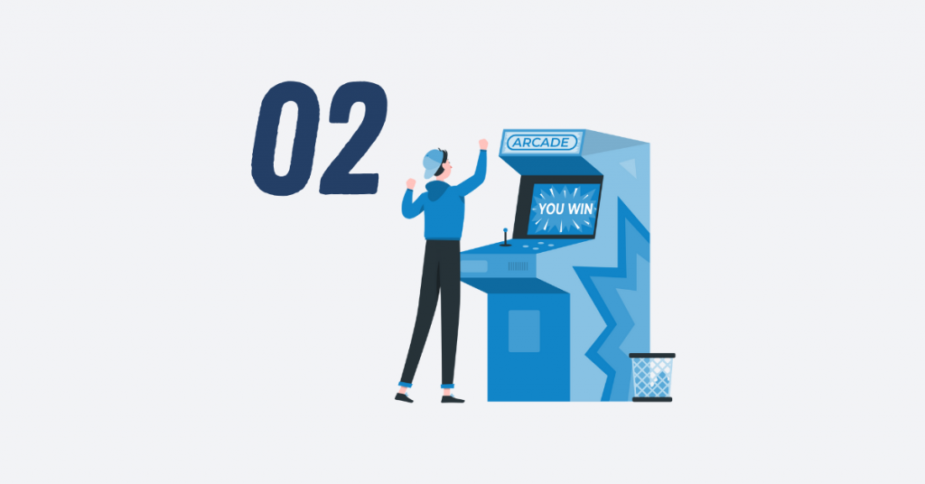 Illustration of a person celebrating at an arcade machine with the text ‘You Win’, symbolising predictable or outdated eLearning content, marked with the number 02