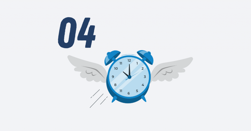 Illustration of a flying alarm clock with wings next to the number 04, representing wasted time in outdated eLearning training.