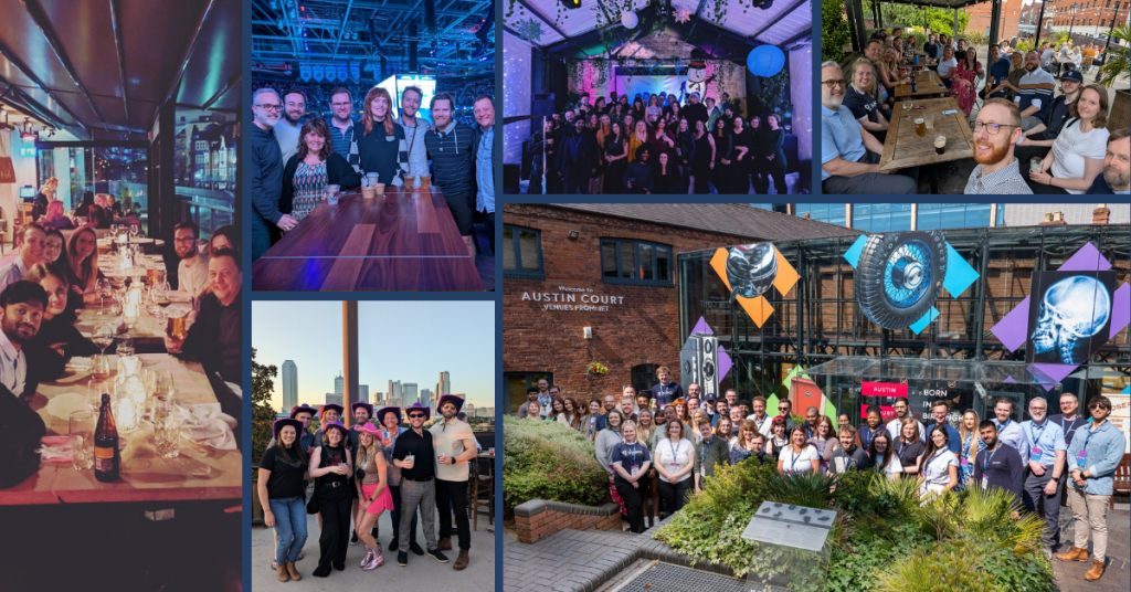 Collage of GuyKat team events—dinners, meet-ups and a large group photo at Austin Court, Birmingham.