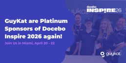 Five smiling members of the GuyKat team stand together at a conference booth. Text on the image announces that GuyKat are Platinum Sponsors of Docebo Inspire 2026 in Miami, taking place April 20–22.