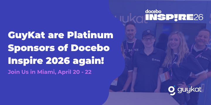 Five smiling members of the GuyKat team stand together at a conference booth. Text on the image announces that GuyKat are Platinum Sponsors of Docebo Inspire 2026 in Miami, taking place April 20–22.