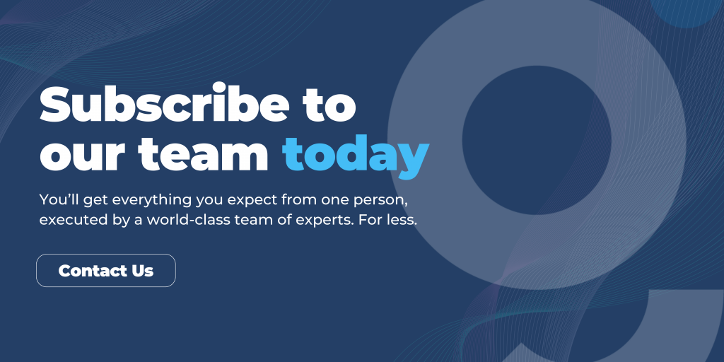 GuyKat banner with dark blue abstract waves and circles; headline reads “Subscribe to our team today,” with a “Contact Us” button and supporting copy about a world-class team.