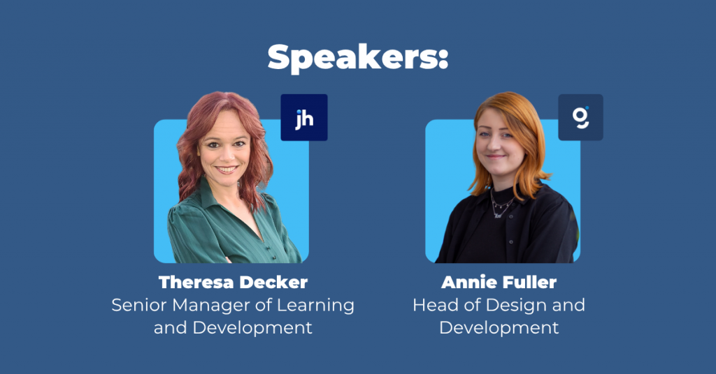 Two speaker headshots on a blue background under the heading “Speakers:”; left: Senior Manager of Learning and Development; right: Head of Design and Development; each with a small company badge icon.