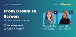Webinar banner titled “From Dream to Screen: An end-to-end mobile strategy,” with date Monday 8 December and time 16:00 GMT / 11:00 ET; features two speaker headshots with job titles (Sr Manager of Learning & Development and Head of Design & Development); “As seen at Docebo Inspire 25.”