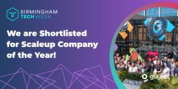 GuyKat shortlisted for Scaleup Company of the Year at Birmingham Tech Week; purple graphic with team photo and GuyKat logo.