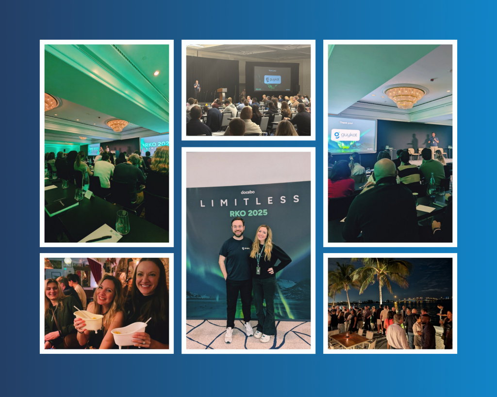 Collage of GuyKat at Docebo RKO 2025, featuring conference presentations, team photos, social moments and an outdoor networking event by the water.