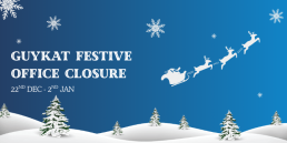 Illustration of Santa’s sleigh and reindeer flying over a snowy landscape with the text ‘GuyKat Festive Office Closure, 22nd Dec – 2nd Jan’.