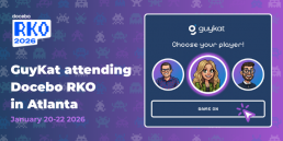 Graphic announcing that GuyKat is attending Docebo RKO 2026 in Atlanta, featuring a retro gaming theme with three illustrated player avatars.