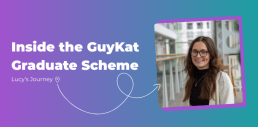 Blog tile on a purple-to-teal gradient with the headline “Inside the GuyKat Graduate Scheme — Lucy’s Journey” and a framed portrait of a smiling woman on the right.