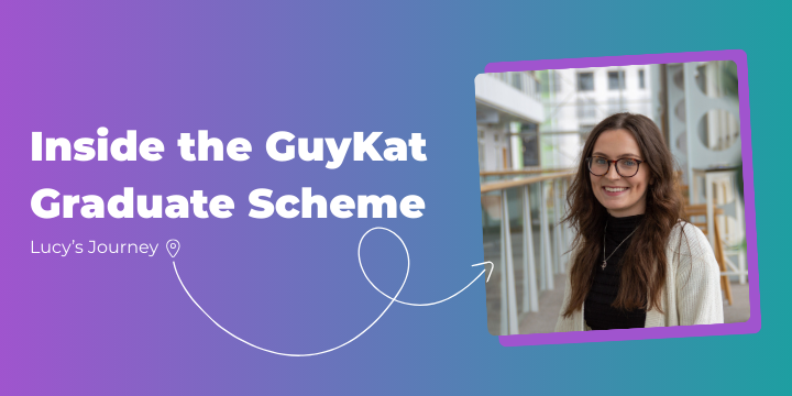 Blog tile on a purple-to-teal gradient with the headline “Inside the GuyKat Graduate Scheme — Lucy’s Journey” and a framed portrait of a smiling woman on the right.