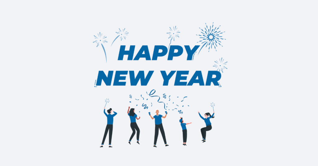 Festive graphic with large text “HAPPY NEW YEAR,” blue fireworks in the sky, and five illustrated people celebrating with confetti and sparklers on a light background.