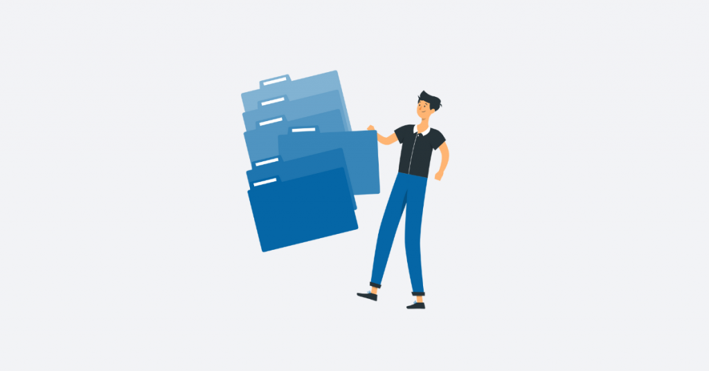 Illustration of a person organising a stack of blue folders, symbolising content clean-up and better structure.