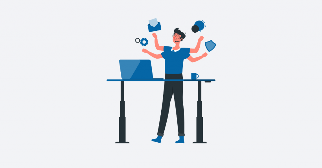 Illustration of a headset-wearing person at a height-adjustable desk with a laptop, shown with multiple arms juggling icons for email, chat, security shield and gears, symbolising multitasking in learning platform administration.