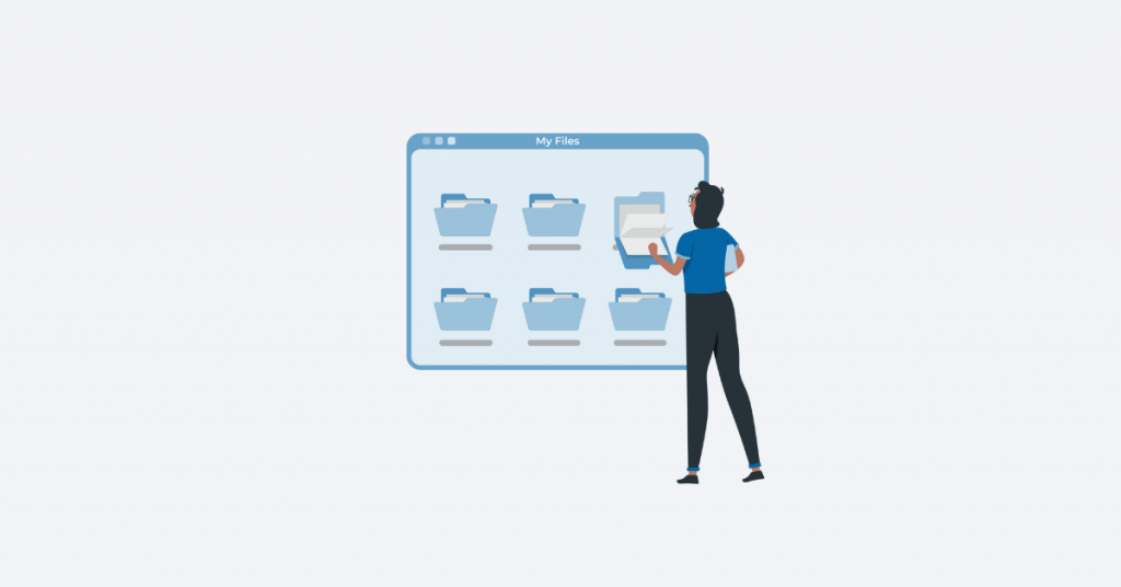 Illustration of a person managing folders in a “My Files” window, moving documents between blue folders to organise content.
