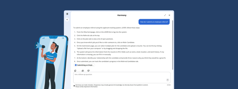 Docebo Harmony AI search showing suggested learning content and training resources