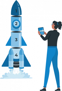 Illustration of a consultant holding a tablet labelled &ldquo;START&rdquo; beside a blue rocket with stages numbered 1&ndash;4, igniting for lift-off, symbolising a phased implementation approach.