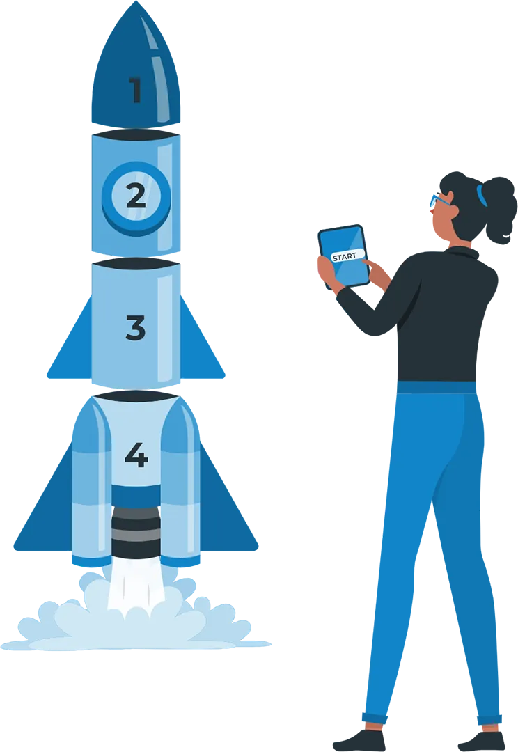 Illustration of a consultant holding a tablet labelled &ldquo;START&rdquo; beside a blue rocket with stages numbered 1&ndash;4, igniting for lift-off, symbolising a phased implementation approach.