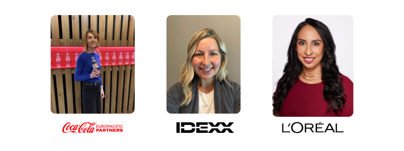 Three professional women representing Coca-Cola Europacific Partners, IDEXX, and L’Oréal, featured as speakers for a corporate learning or L&D session.