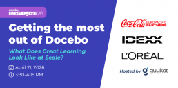 Docebo Inspire 2026 session titled “What Does Great Learning Actually Look Like at Scale?” featuring GuyKat, IDEXX, L’Oréal, and Coca-Cola Europacific Partners