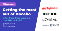 Docebo Inspire 2026 session titled “What Does Great Learning Actually Look Like at Scale?” featuring GuyKat, IDEXX, L’Oréal, and Coca-Cola Europacific Partners
