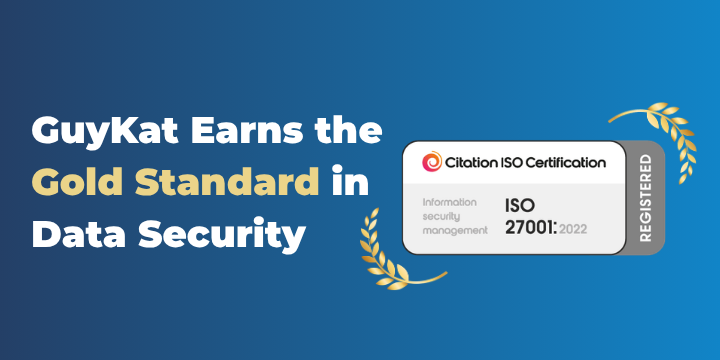 Graphic announcing GuyKat's ISO 27001 certification, featuring the text 